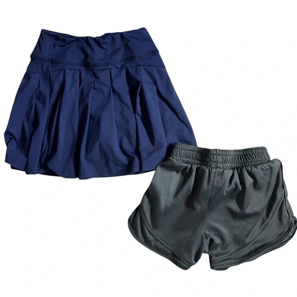 Girls active wear bundle- 2 tops, crop pullover, tennis skirt & shorts 6/7
